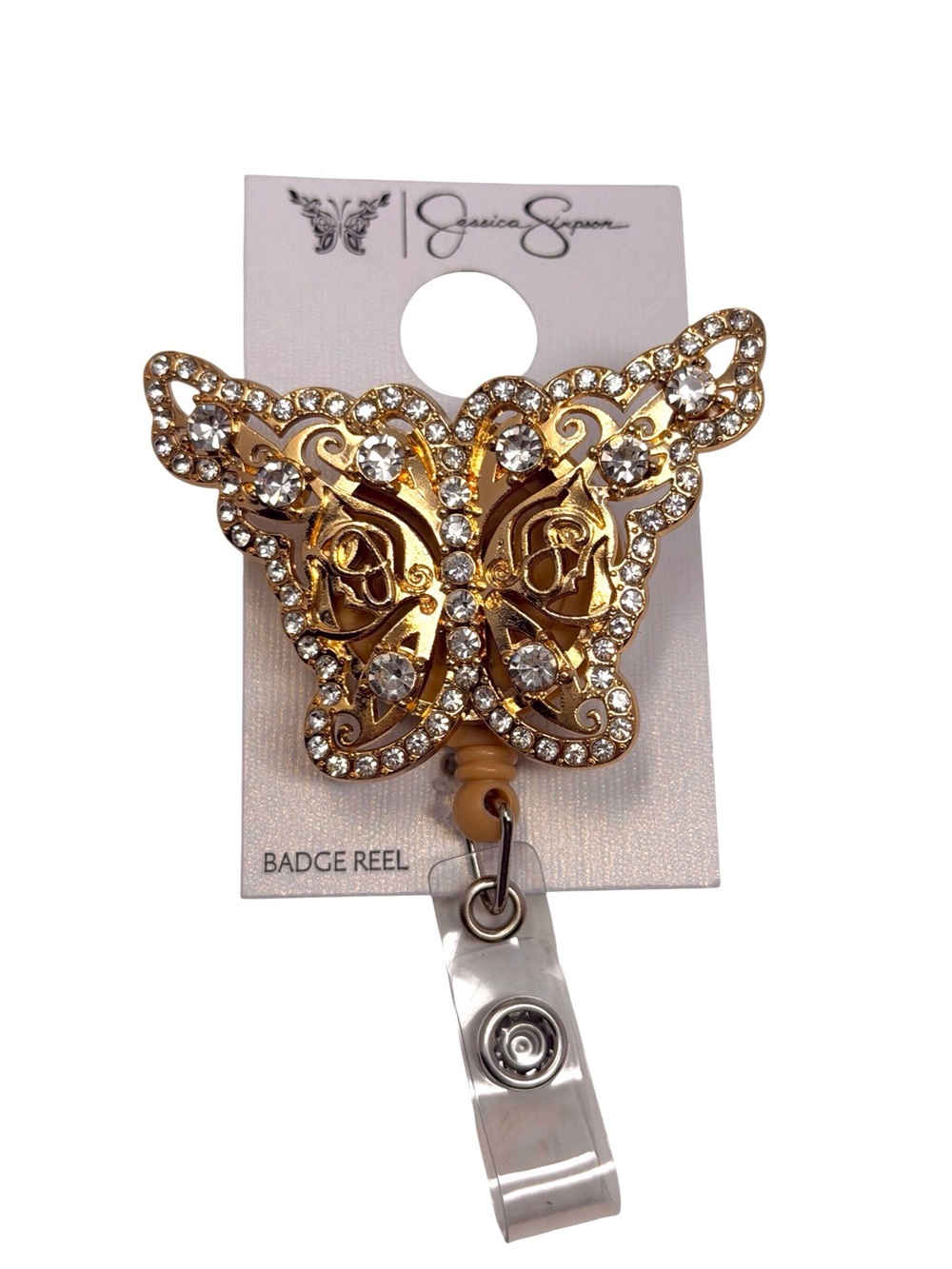 Jessica Simpson Gold Butterfly Badge Reel with Clear rhinestones New